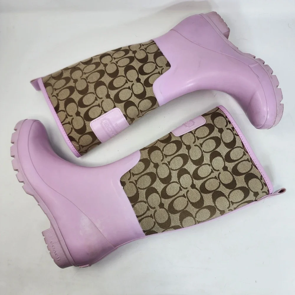 Coach Pink Rain Boots 8B tan Signature Monogram Canvas